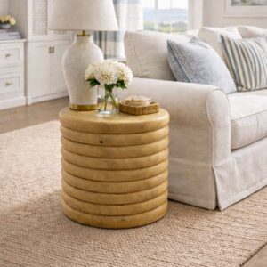 Sculptural Stacked Wood Side Table in Natural Finish