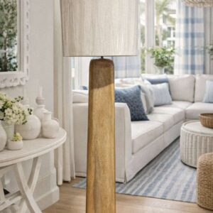 Sculptural Wooden Floor Lamp with Natural Linen Shade