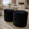 Pair of Black Velvet Accent Ottomans with Brass Base Detail
