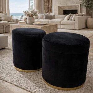 Pair of Black Velvet Accent Ottomans with Brass Base Detail