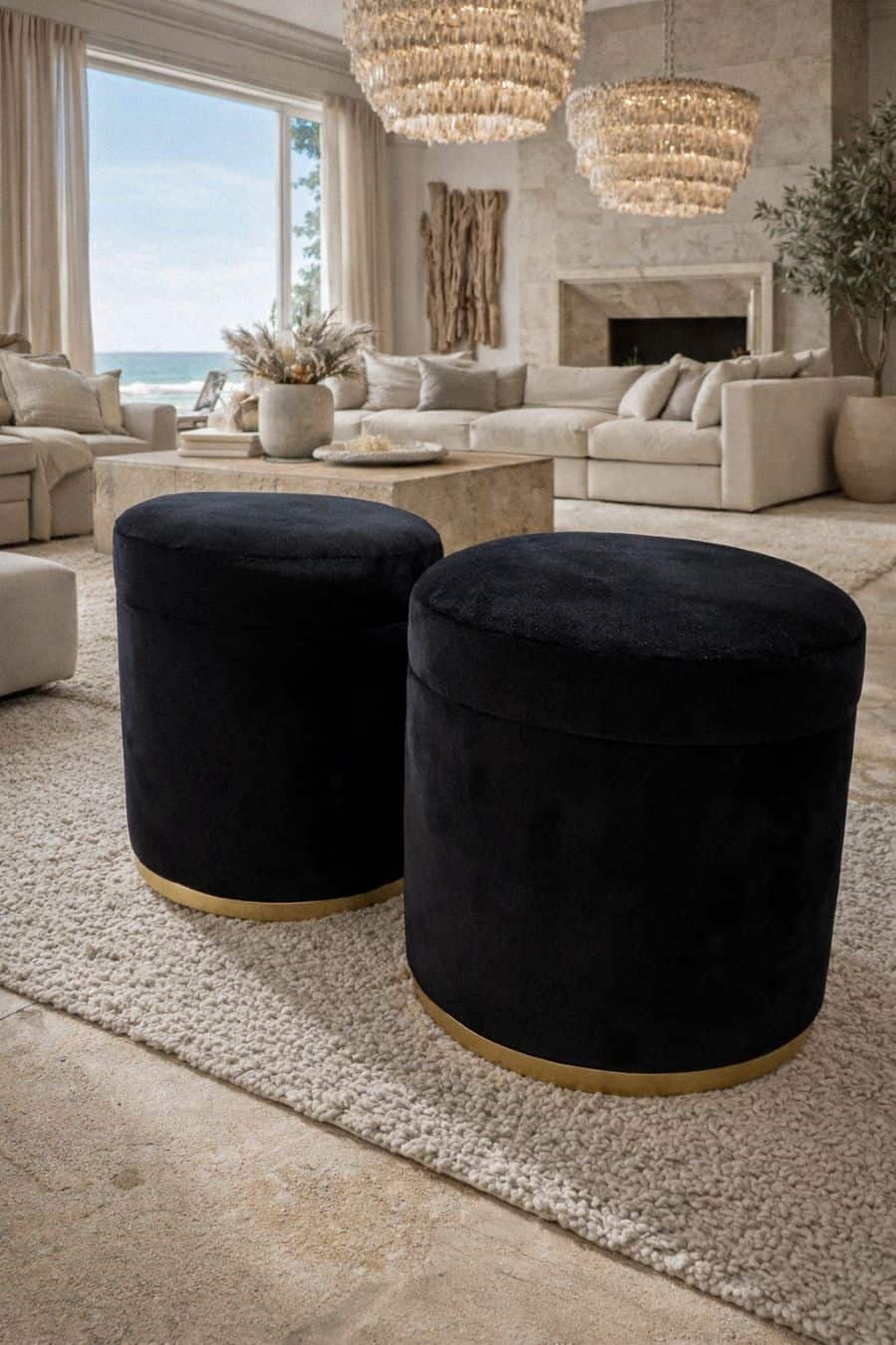 Pair of Black Velvet Accent Ottomans with Brass Base Detail