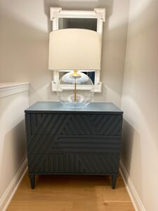 Uttermost Colby Blue Drawer Chest – Deep Sea Blue Finish – Geometric Carved Design – Pristine Condition