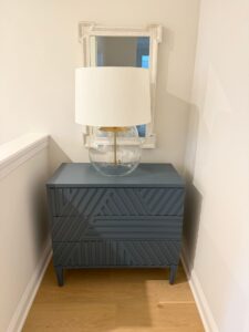 Uttermost Colby Blue Drawer Chest – Deep Sea Blue Finish – Geometric Carved Design – Pristine Condition