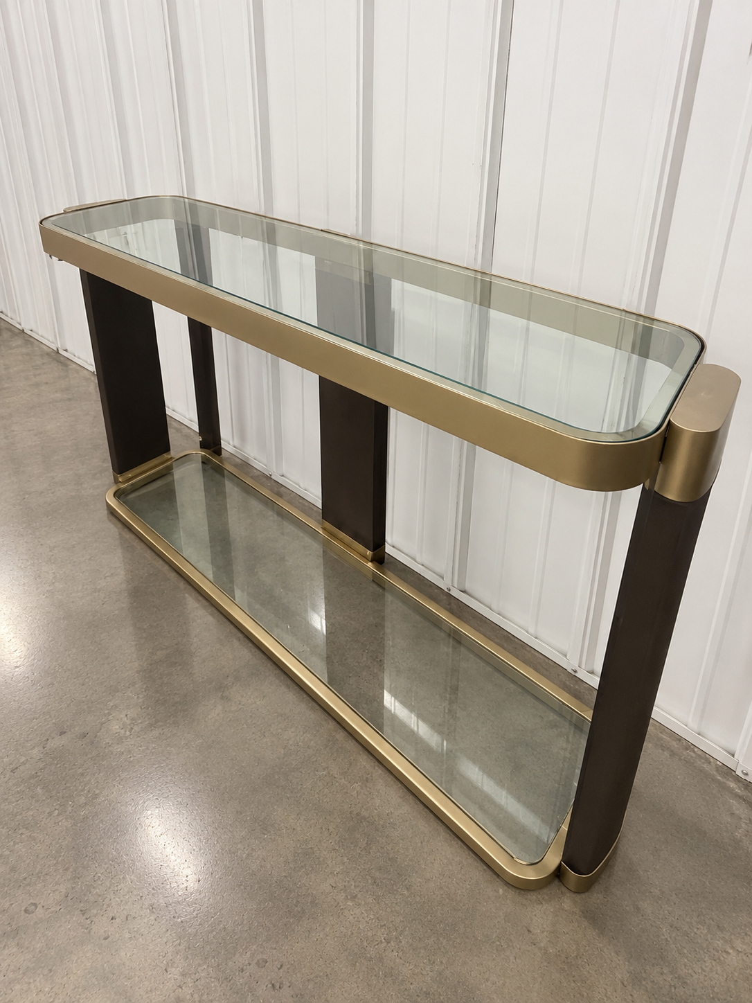 1A6F18B7-92CD-485A-ACE7-2227077FAC91 Uttermost Ryles Glass Console Table | Walnut + Gold | Designer Grace Feyock