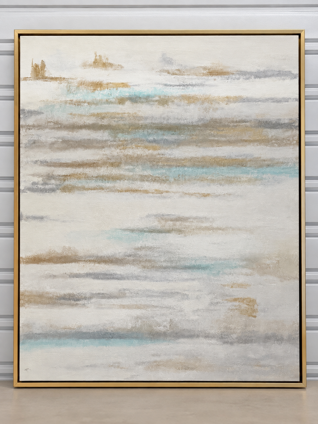 Large Framed Coastal Abstract in Soft Aqua, Ivory & Gold