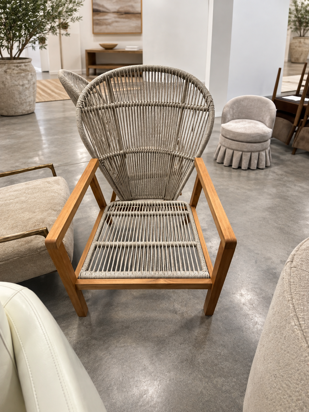 Pair of Outdoor Interiors Teak & Woven Parlor Chairs | Linen & Cane Collection