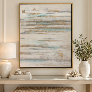 Large Framed Coastal Abstract in Soft Aqua, Ivory & Gold