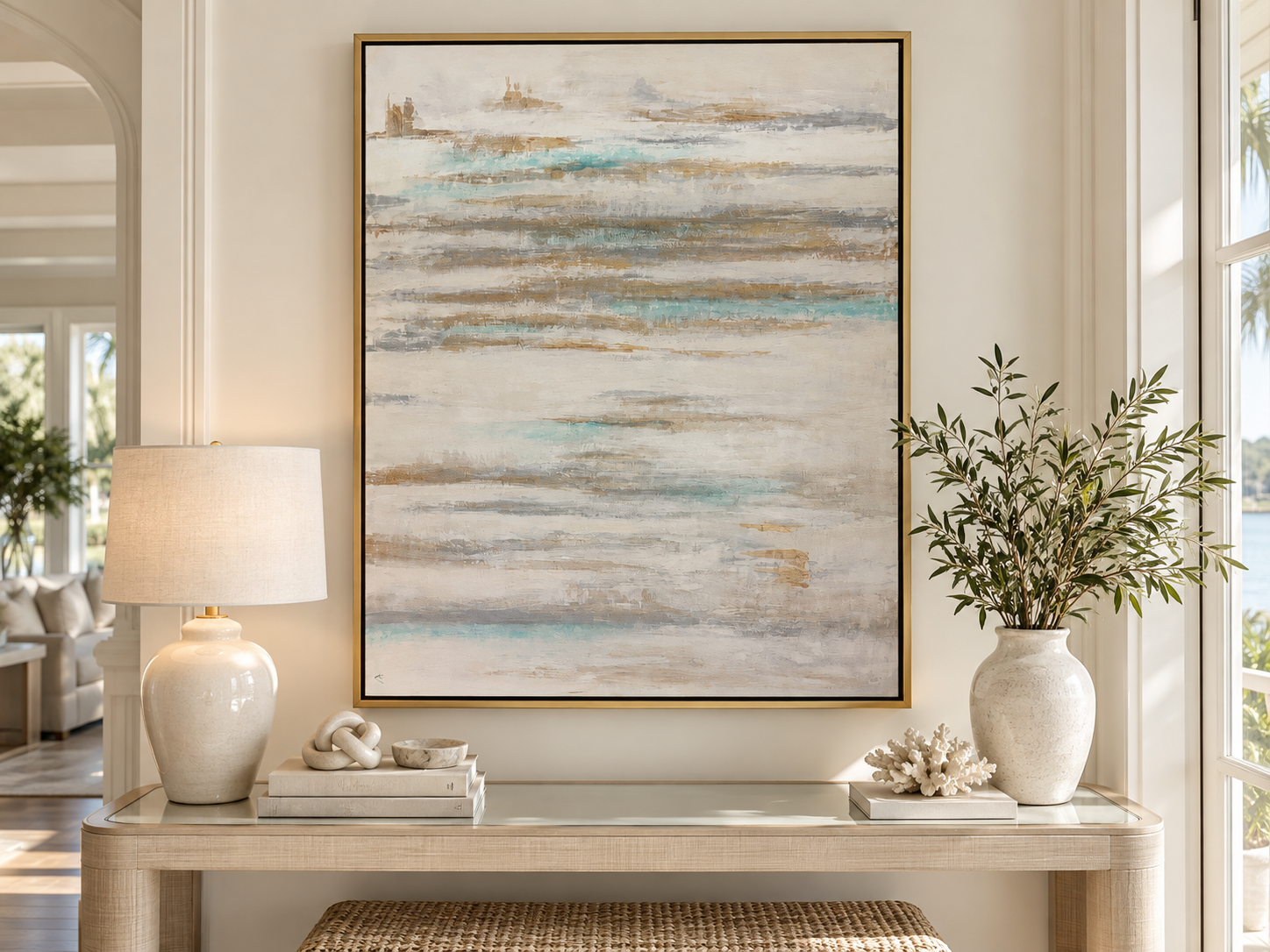 Large Framed Coastal Abstract in Soft Aqua, Ivory & Gold