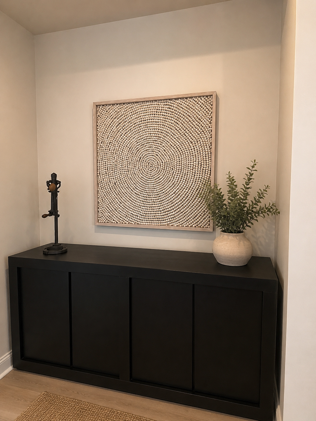 49B7D9BC-C18C-4B23-AC1E-EE031F9BFA6B (1) Restoration Hardware Hand-Rolled Clay Bead Wall Art | Large Neutral Textured Statement Piece