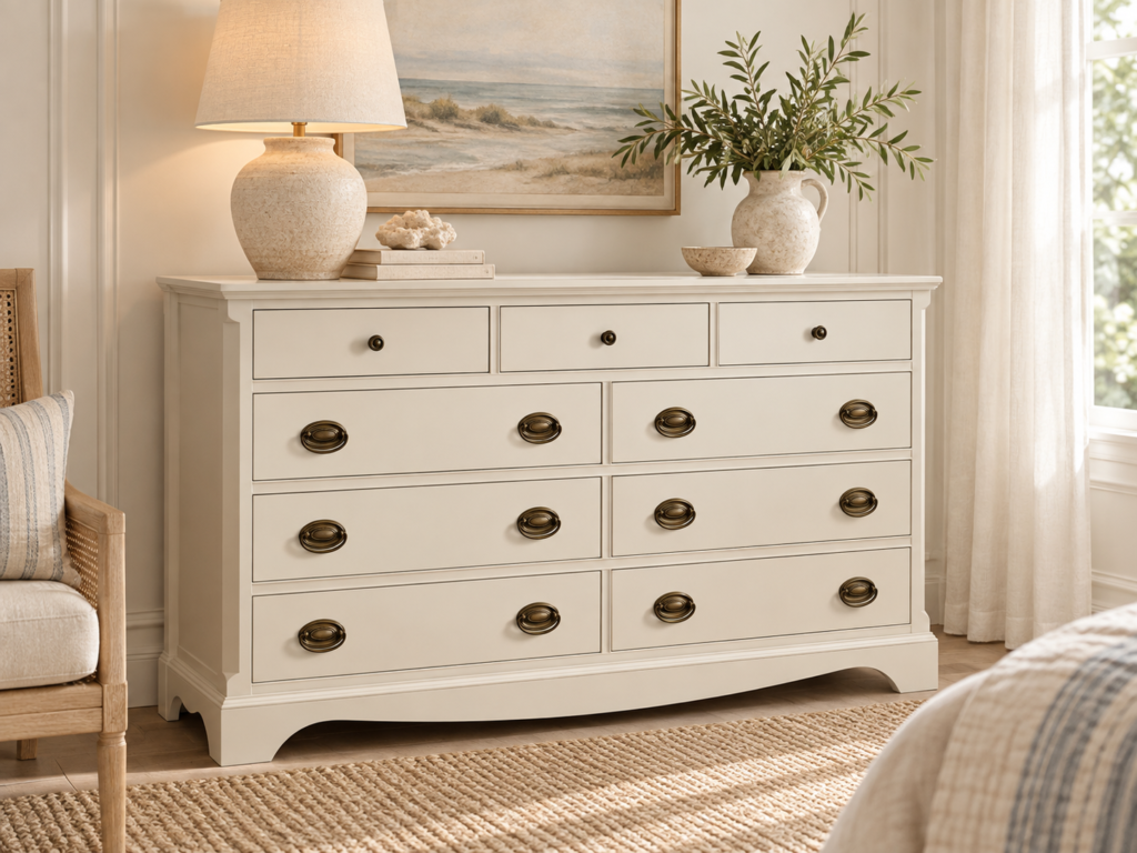 Oversized Nine-Drawer Dresser in Soft White with Antique Brass Hardware