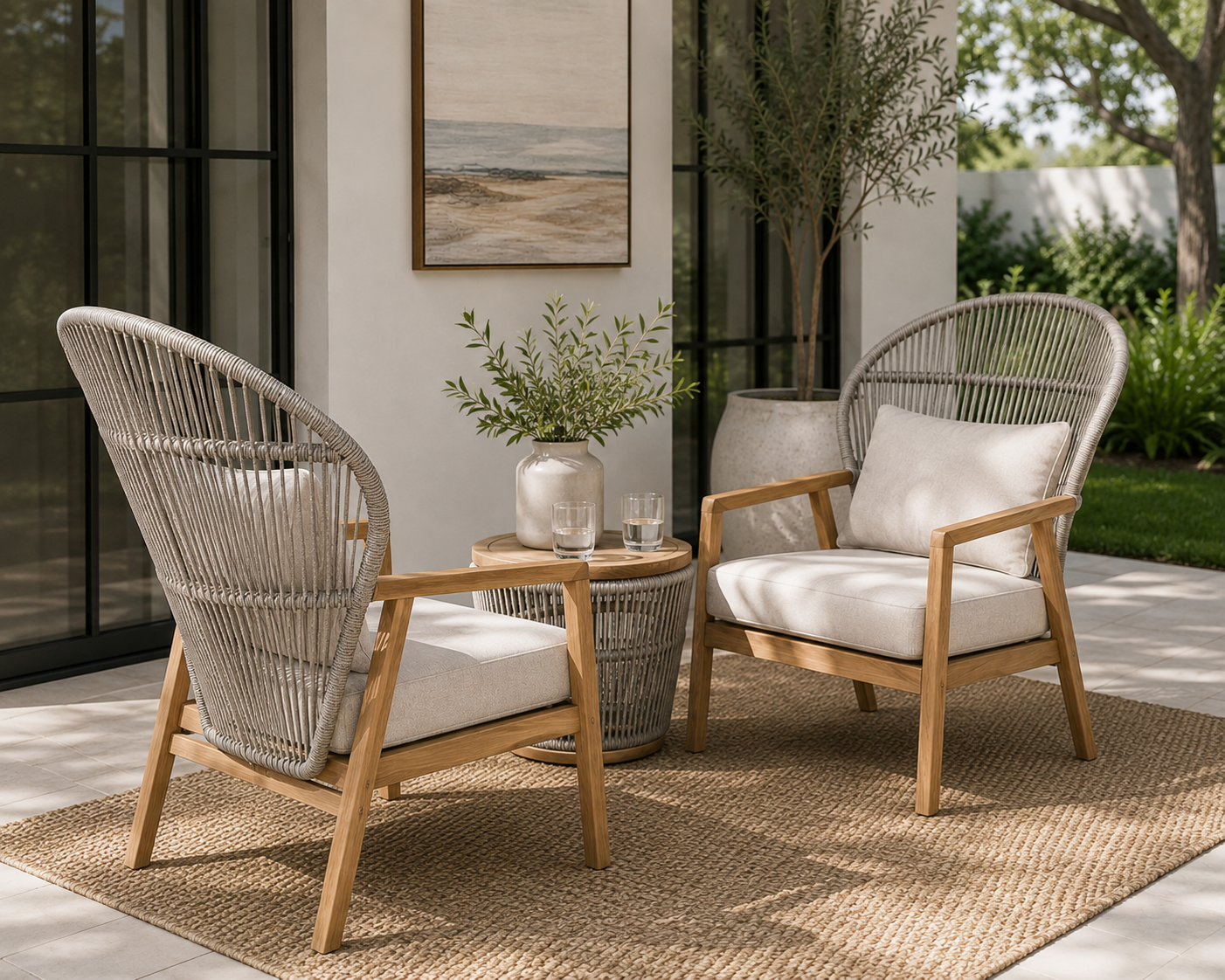 Pair of Outdoor Interiors Teak & Woven Parlor Chairs | Linen & Cane Collection
