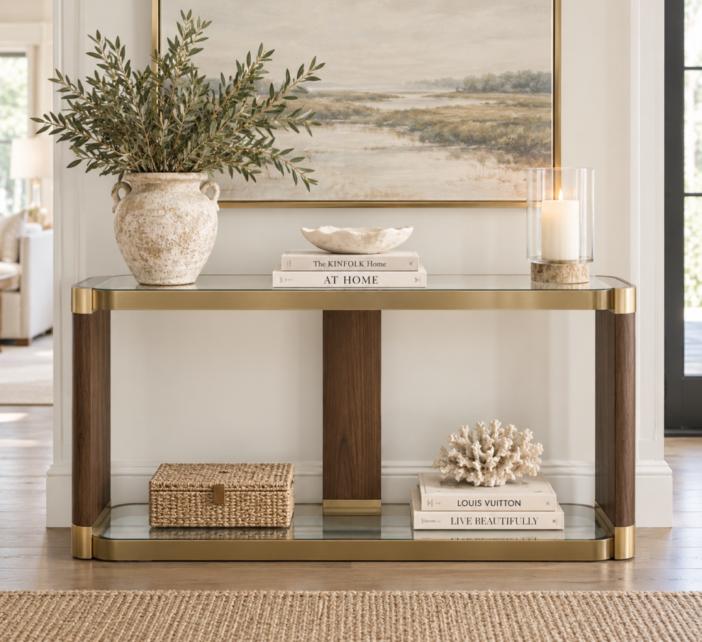 Uttermost Ryles Glass Console Table | Walnut + Gold | Designer Grace Feyock