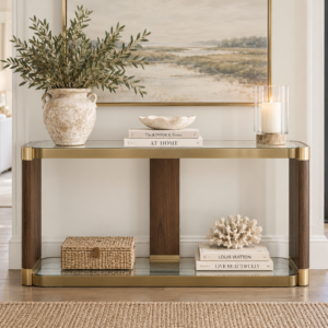 Uttermost Ryles Glass Console Table | Walnut + Gold | Designer Grace Feyock