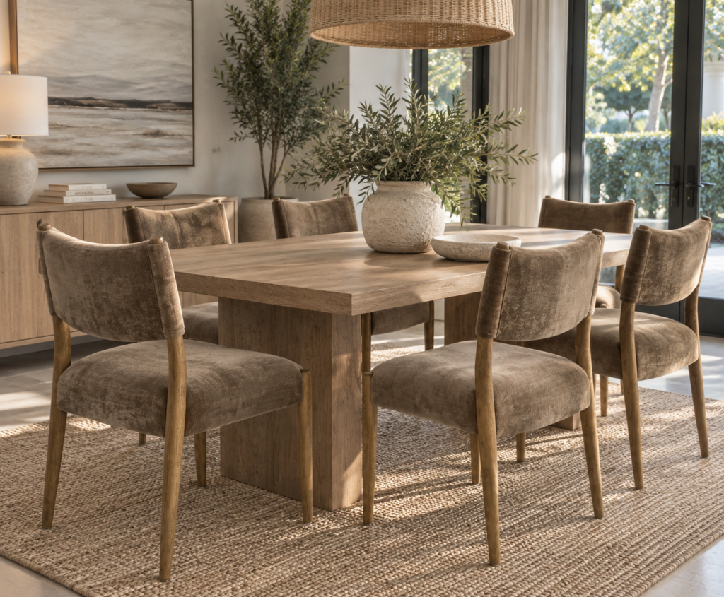 Set of 6 Four Hands Jayla Dining Chairs – Altair Mushroom + Toasted Oak