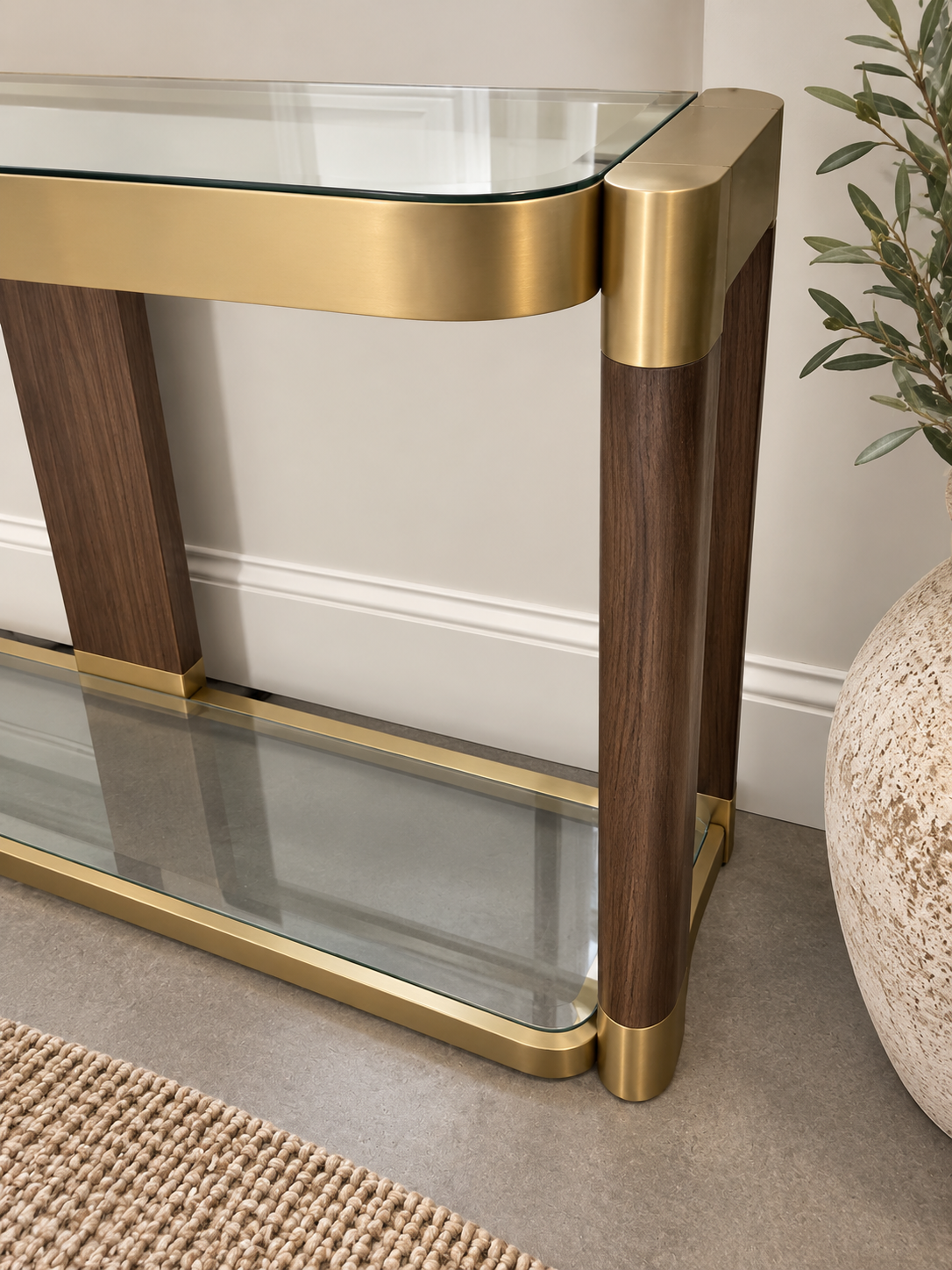 79A0F411-2BB8-4AD9-B924-86C25099C346 Uttermost Ryles Glass Console Table | Walnut + Gold | Designer Grace Feyock
