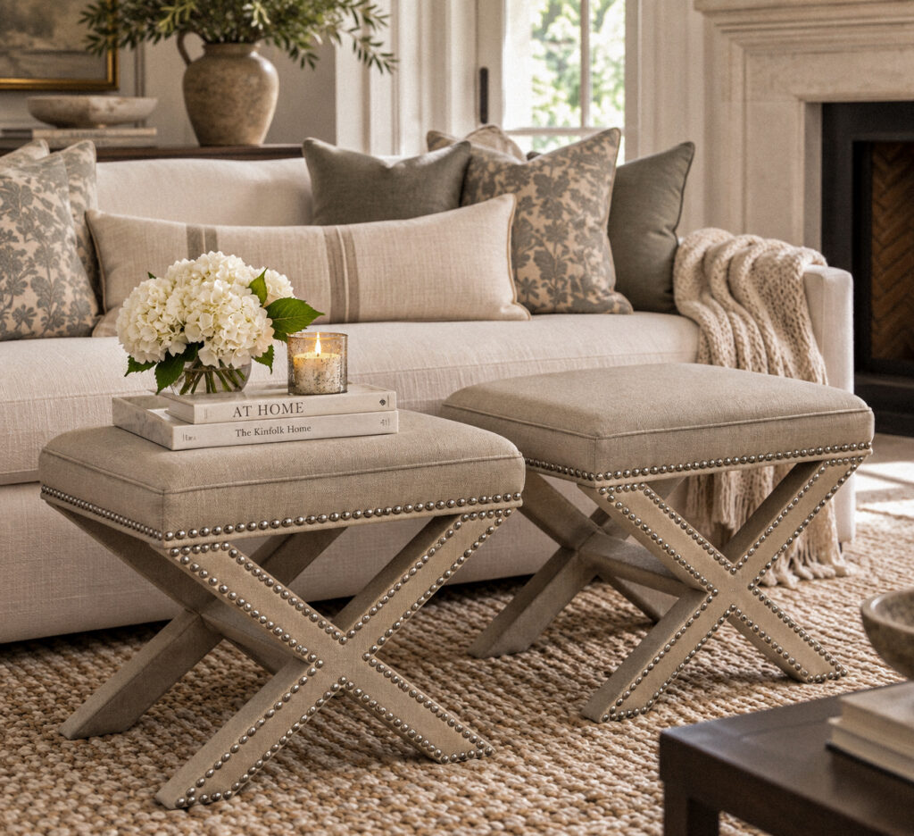 Pair of Safavieh Palmer Nailhead X-Bench Ottomans | Beige