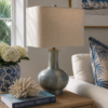 Textured Blue-Gray Ceramic Pottery Barn Table Lamp with Linen Shade – 28”