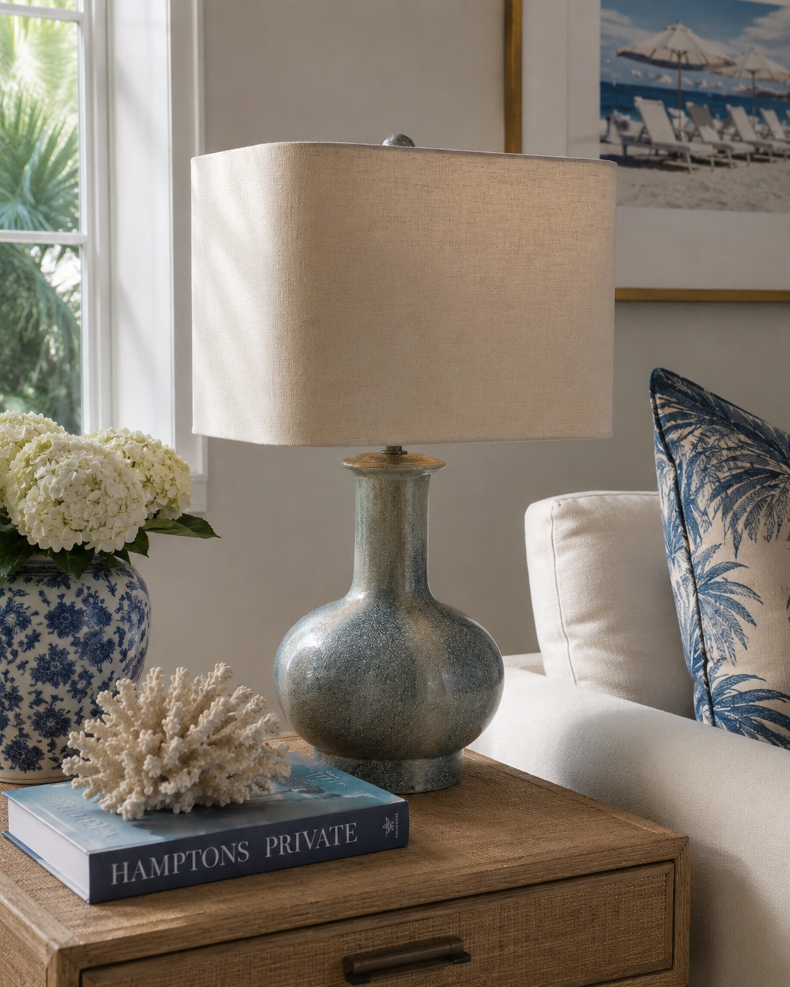 Textured Blue-Gray Ceramic Pottery Barn Table Lamp with Linen Shade – 28”