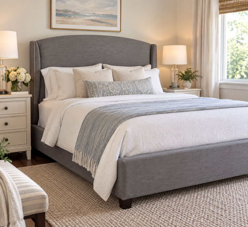 Gray Upholstered Queen Bed with Nailhead Trim