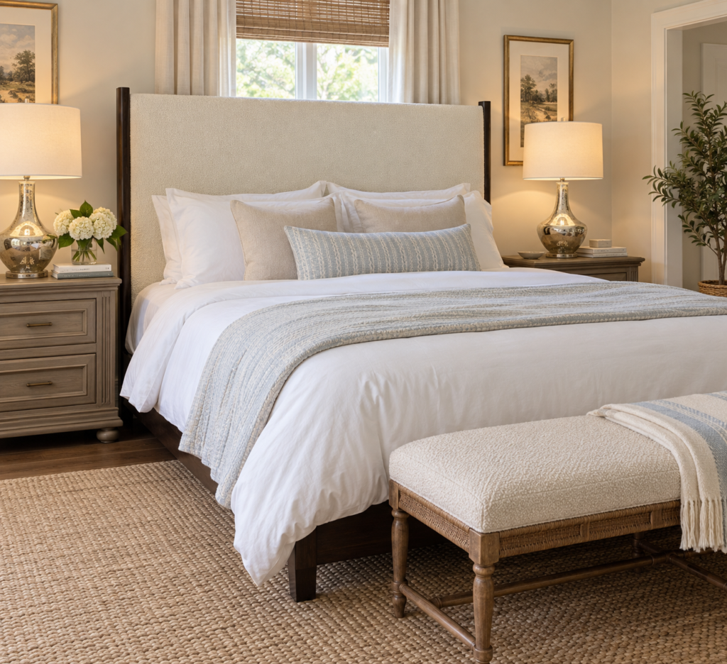 King Bouclé Upholstered Bed in Ivory