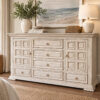 A82FEC61-BC9C-45B1-9F43-9C999D21A6E1 Distressed Ivory King Bed & Architectural Storage Dresser Set