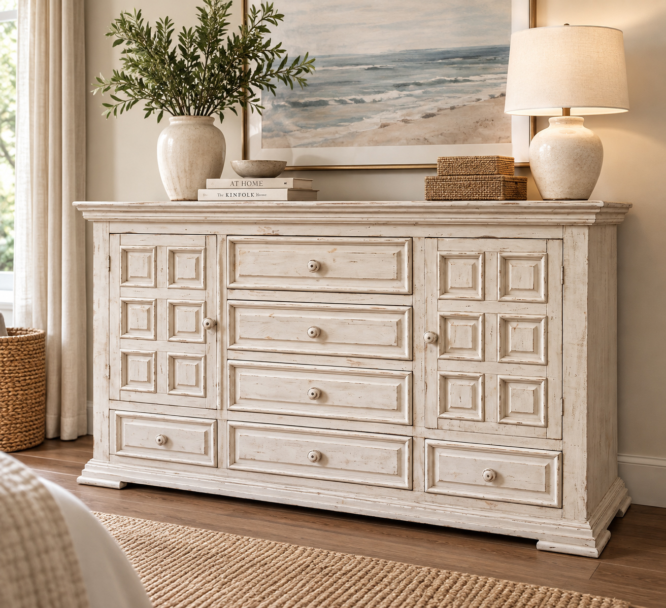 A82FEC61-BC9C-45B1-9F43-9C999D21A6E1 Distressed Ivory King Bed & Architectural Storage Dresser Set