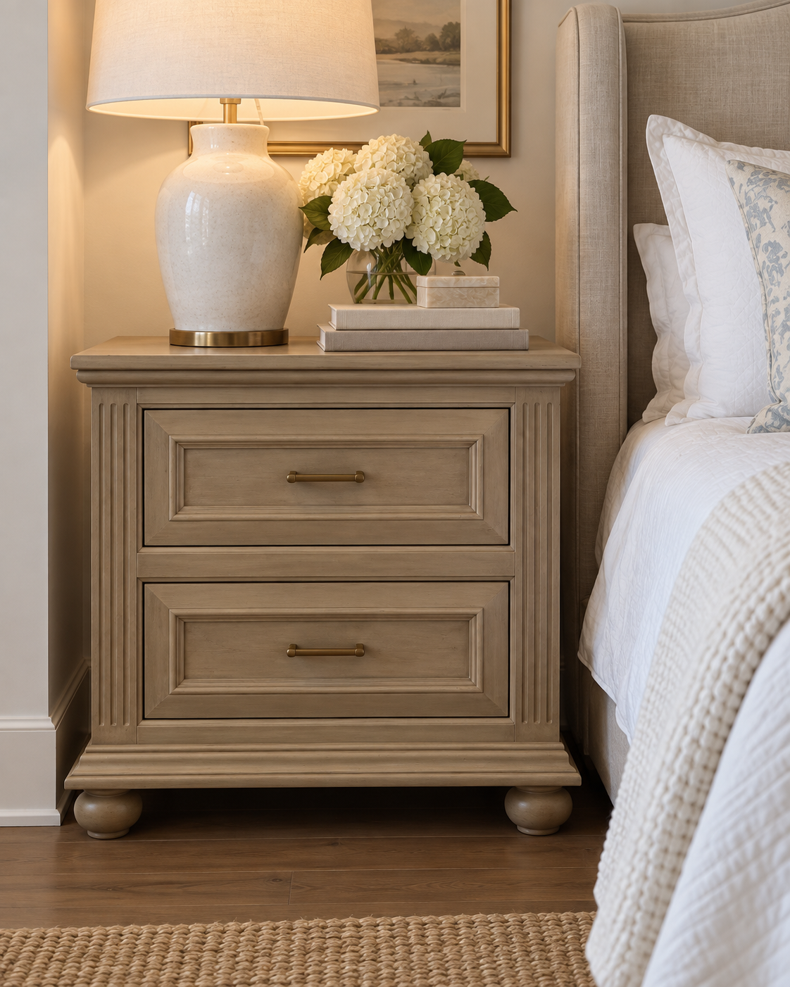 AFDBD334-AEE1-49B1-BB73-0EE8784354BE Pair of Sandstone Two-Drawer Nightstands with Brass Hardware