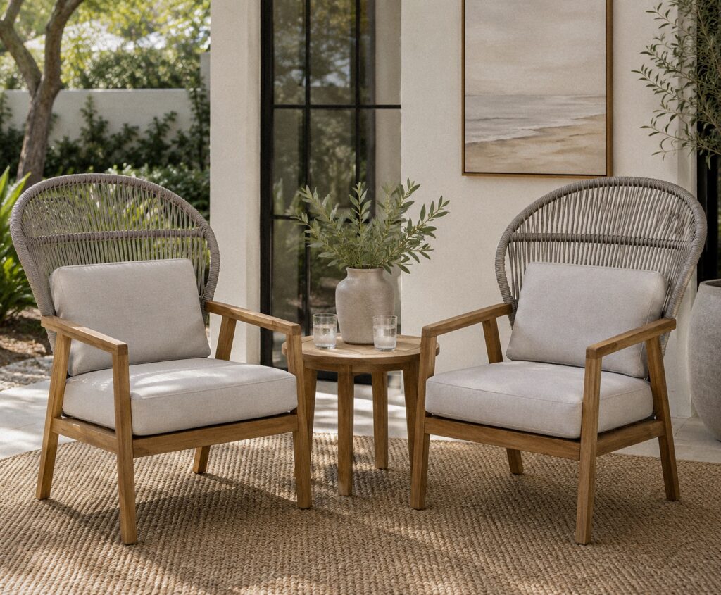 Pair of Outdoor Interiors Teak & Woven Parlor Chairs | Linen & Cane Collection