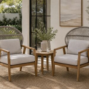 Pair of Outdoor Interiors Teak & Woven Parlor Chairs | Linen & Cane Collection