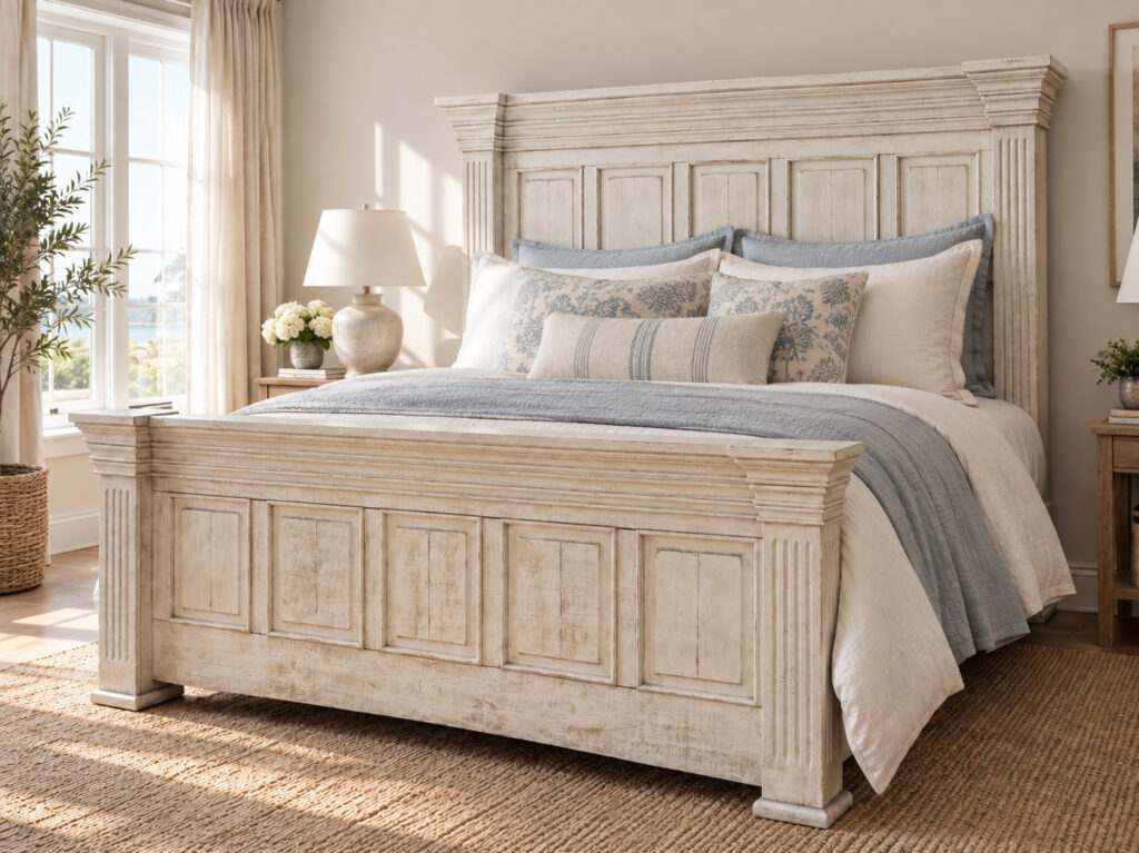 Distressed Ivory King Bed & Architectural Storage Dresser Set