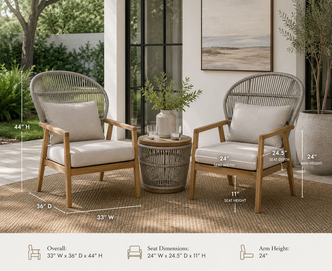 Pair of Outdoor Interiors Teak & Woven Parlor Chairs | Linen & Cane Collection
