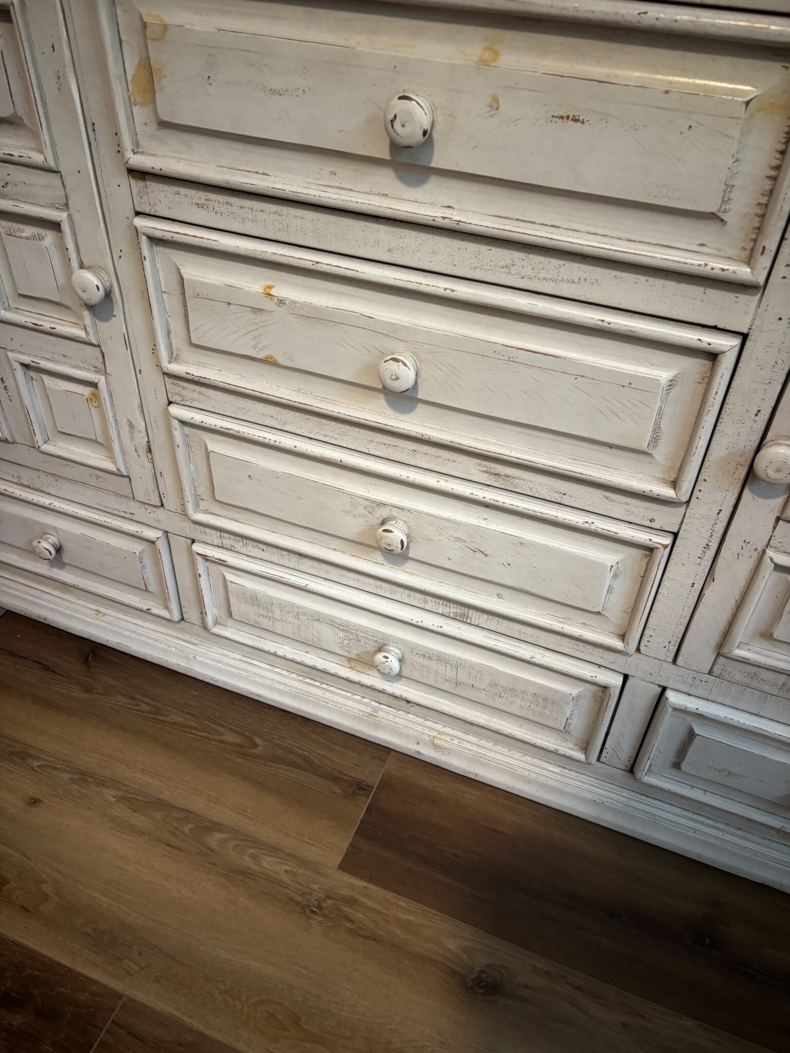 IMG_5128 Distressed Ivory King Bed & Architectural Storage Dresser Set