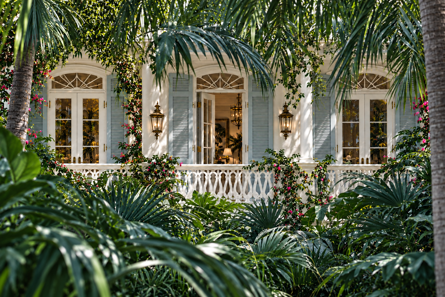 An ivory coastal balcony with three French doorways framed by lush green palms.