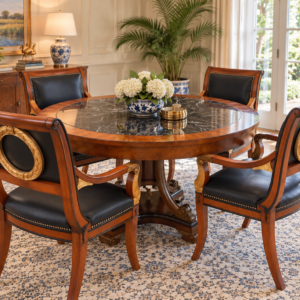 Ornate Marble-Inset Pedestal Table & Four Gilded Medallion Armchairs