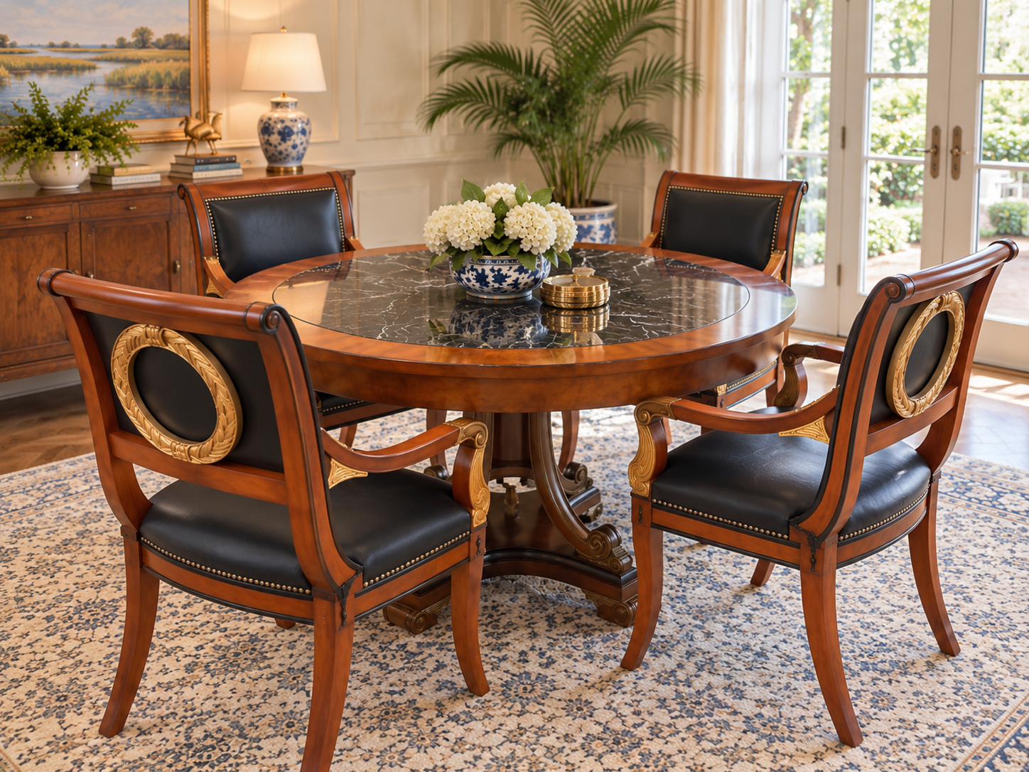 Ornate Marble-Inset Pedestal Table & Four Gilded Medallion Armchairs