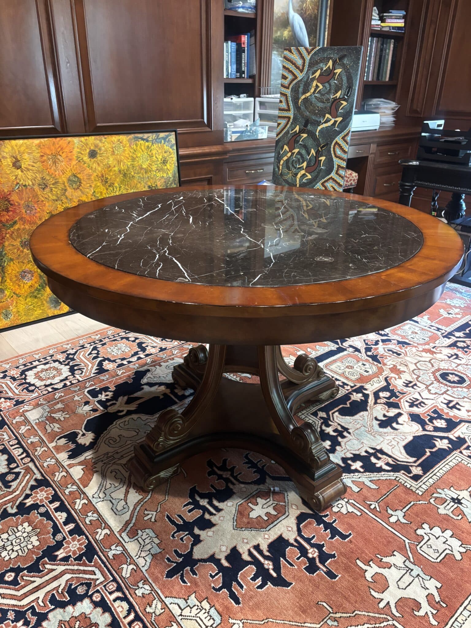 Ornate Marble-Inset Pedestal Table & Four Gilded Medallion Armchairs