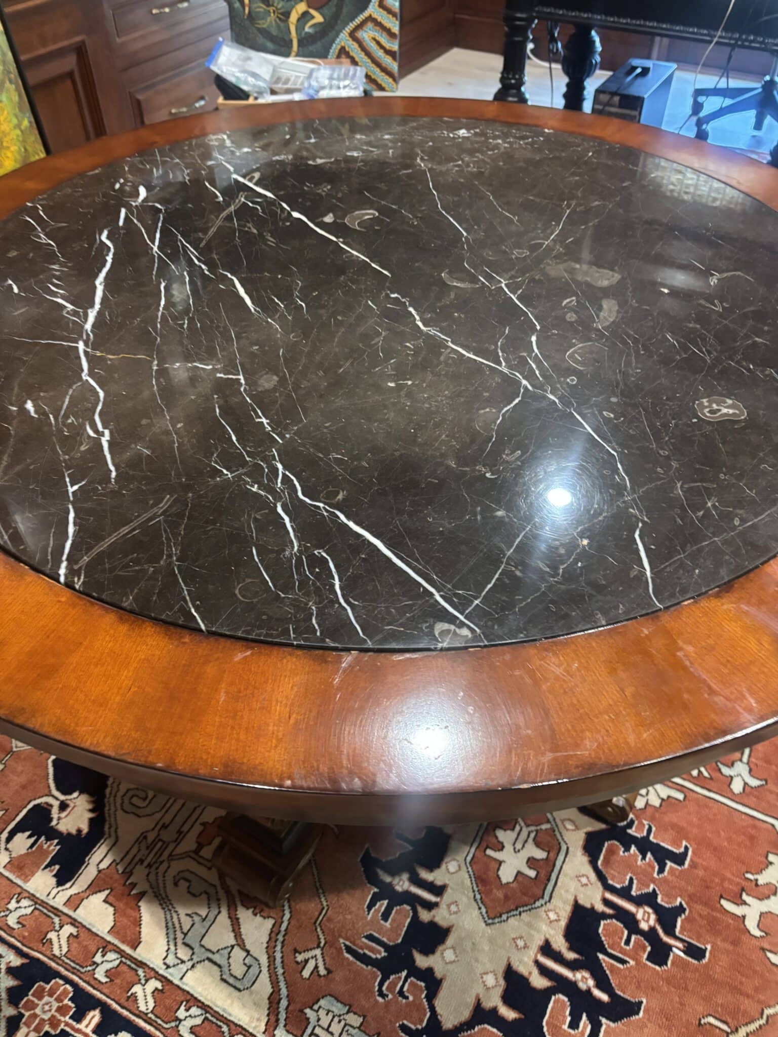 Ornate Marble-Inset Pedestal Table & Four Gilded Medallion Armchairs