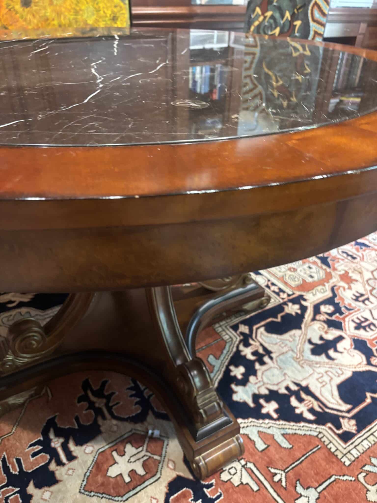 Ornate Marble-Inset Pedestal Table & Four Gilded Medallion Armchairs