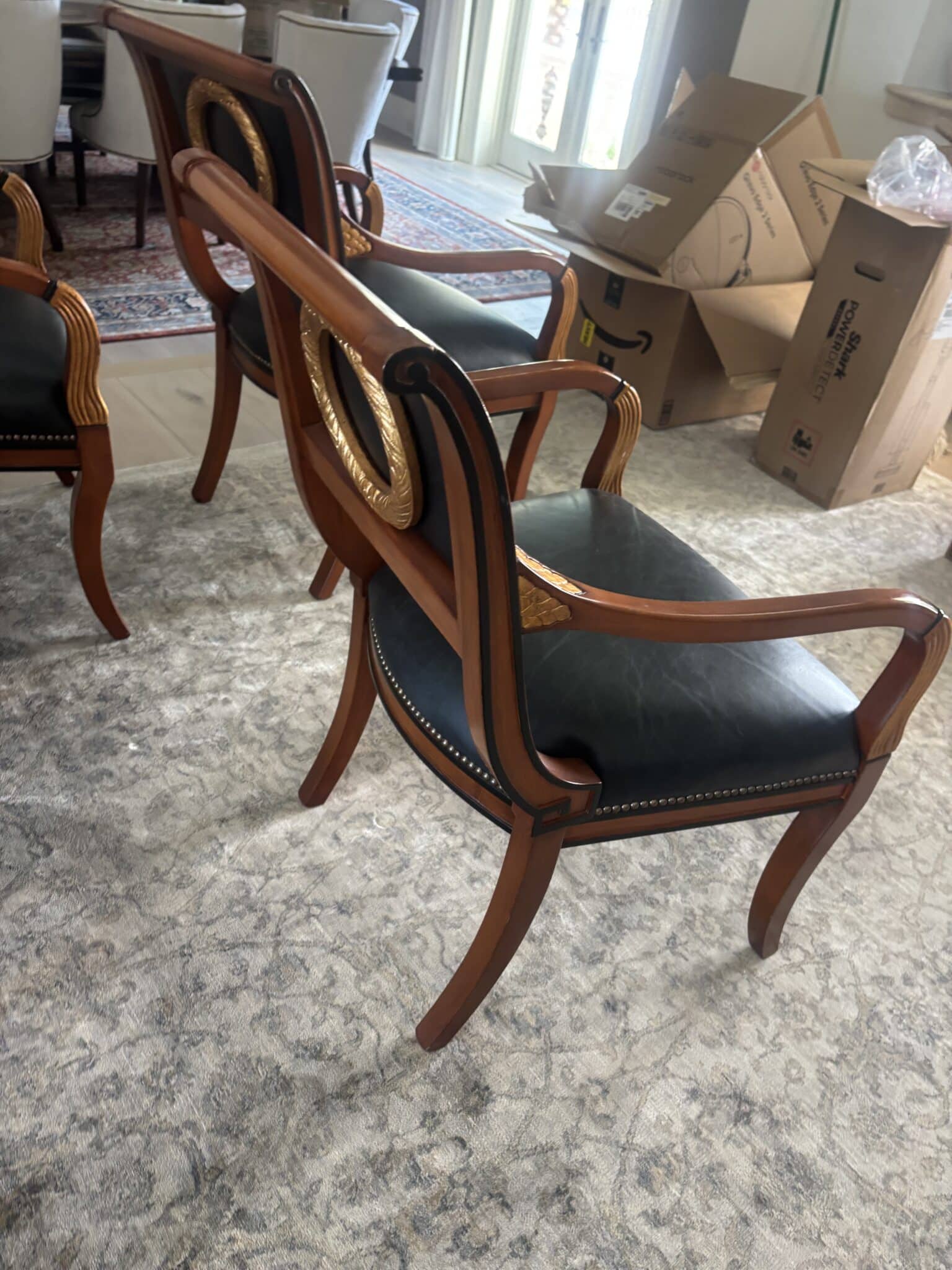 Ornate Marble-Inset Pedestal Table & Four Gilded Medallion Armchairs